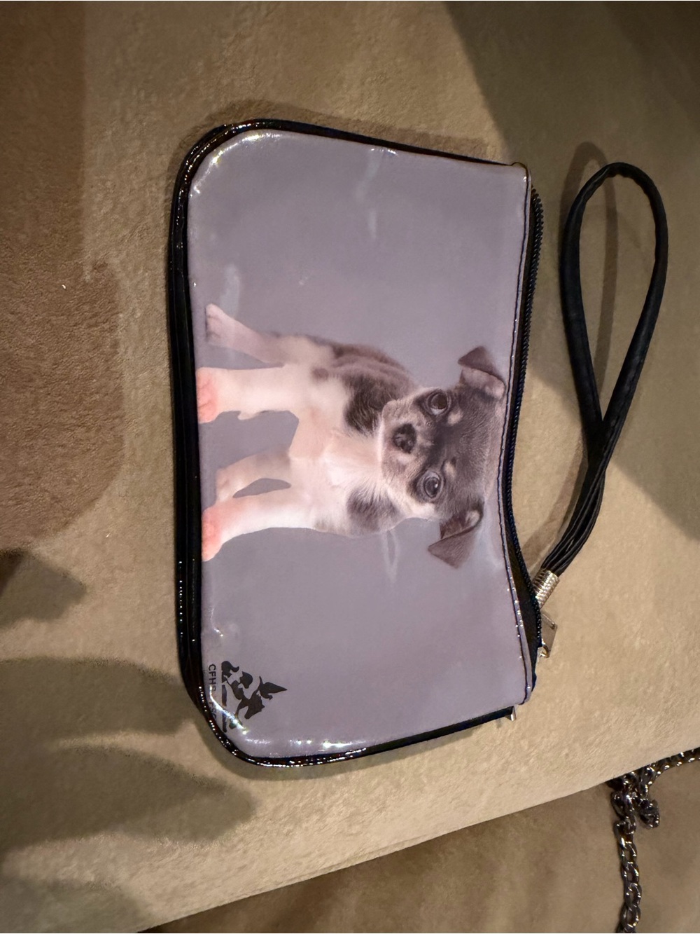Puppy Print Wristlet Clutch - Gray Background